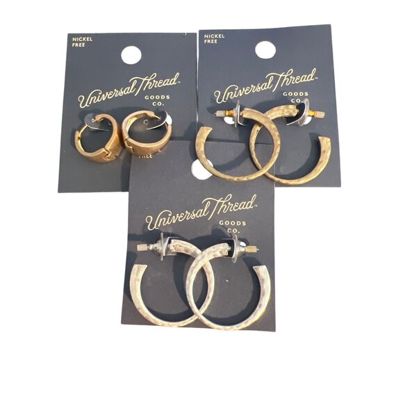 Universal Thread 3 Pair Hoop Earrings Gold Silver Tone Hinged Hammered New - Picture 1 of 7